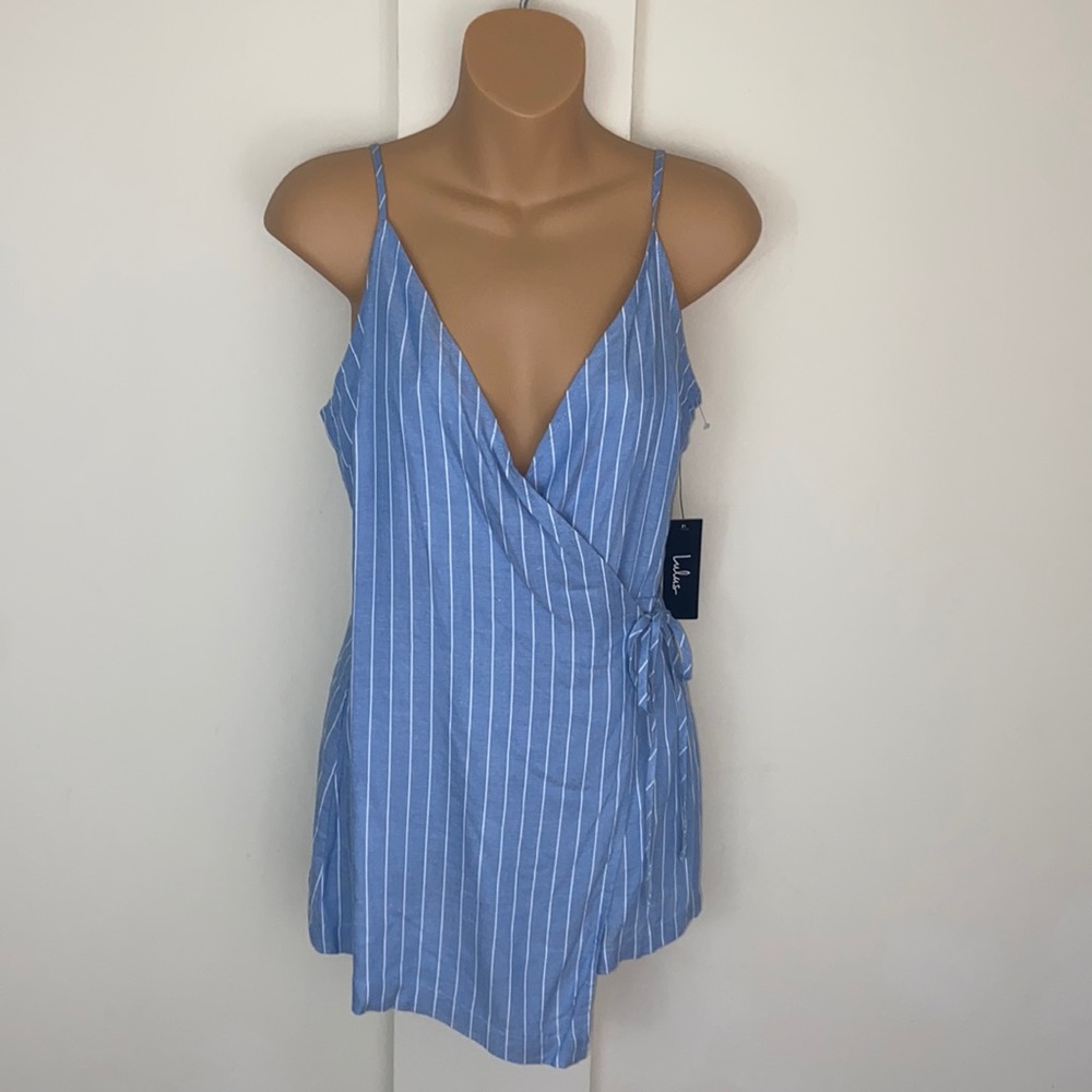 Lulus Blue & White Striped Wrap Around Romper